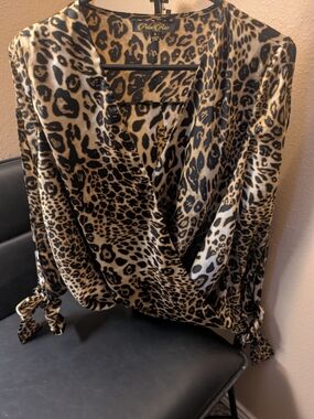 Petal Roz Leopard-Print Wrap Blouse - With Slit Sleeves That Tie Brown & Black S